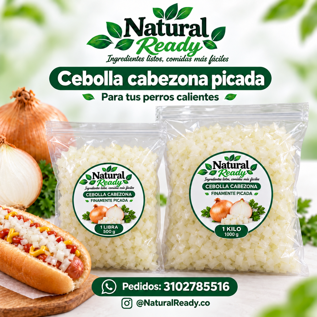 Cebolla cabezona picada fina para perros calientes, presentación Natural Ready