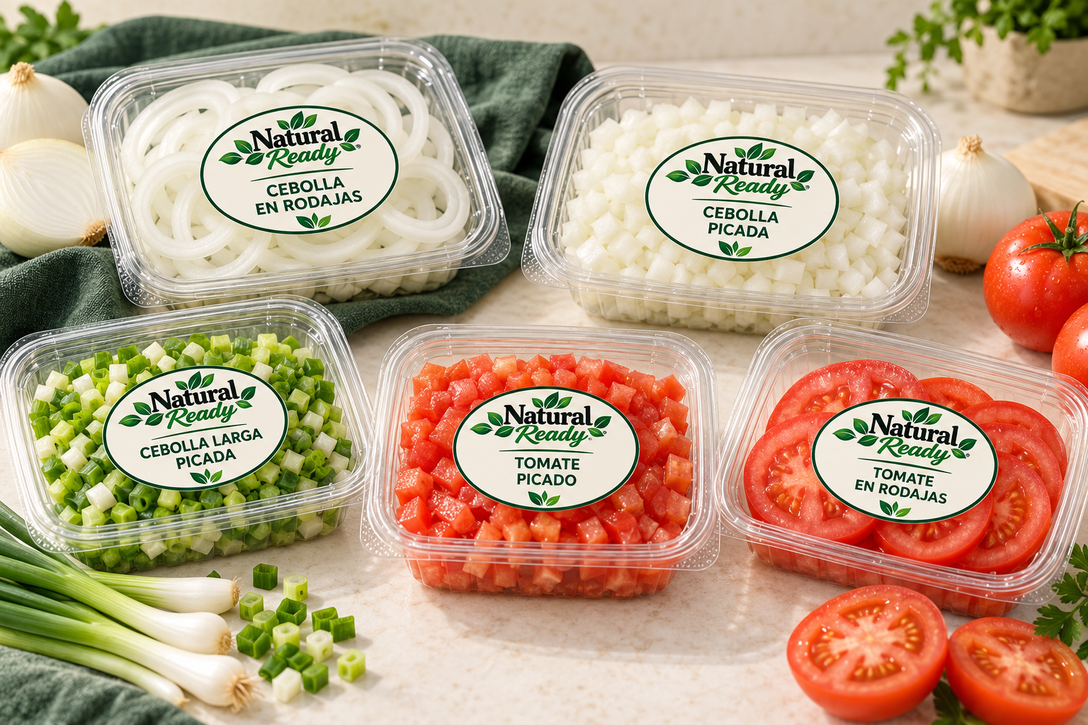 Cinco productos Natural Ready en envases PET rectangulares con etiqueta