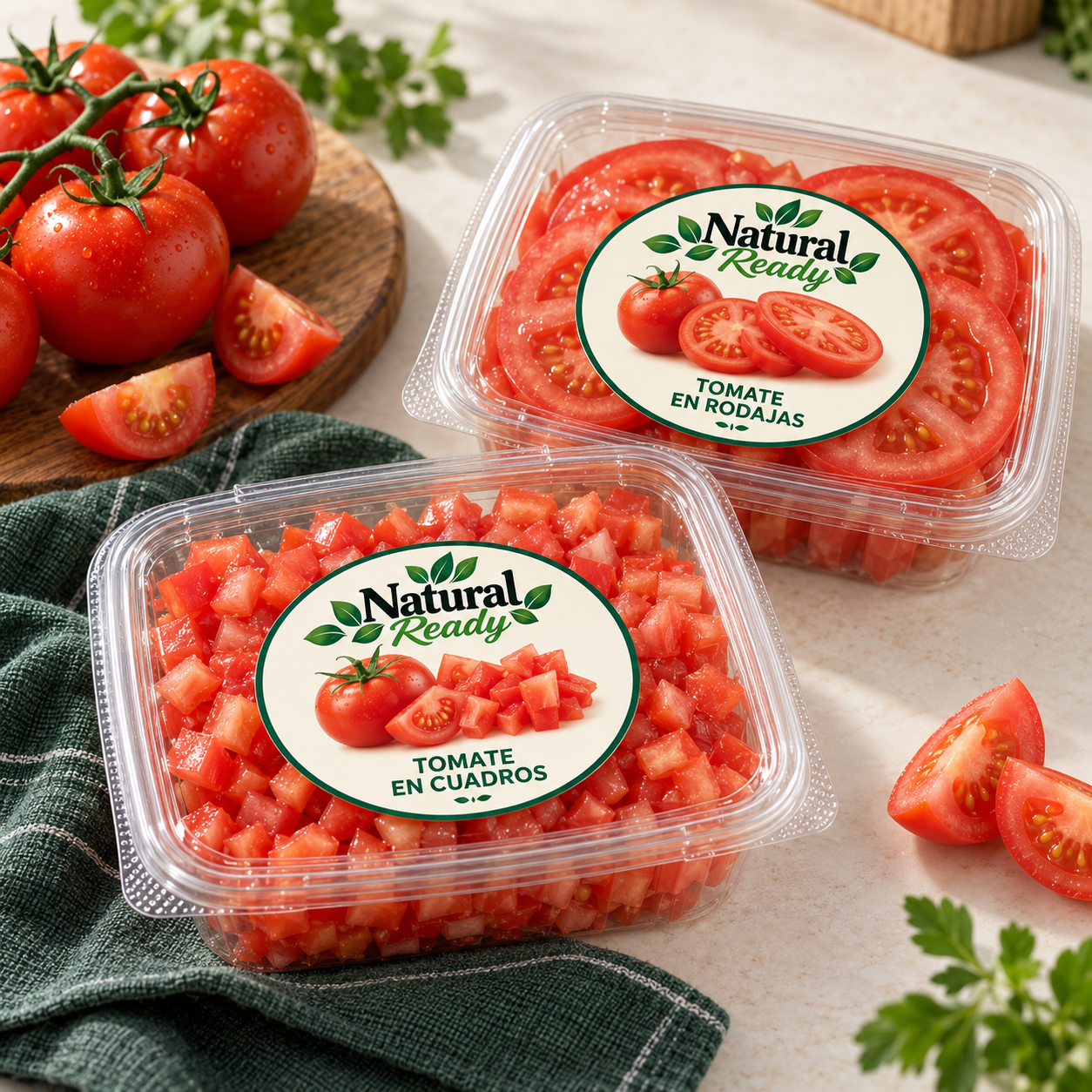 Tomate en cuadros y en rodajas en envases PET rectangulares con etiqueta