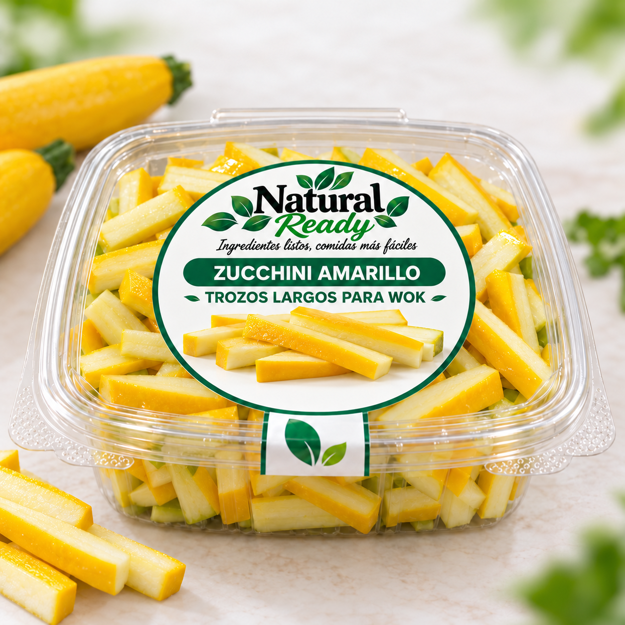 Zucchini amarillo en trozos largos para wok, presentación Natural Ready