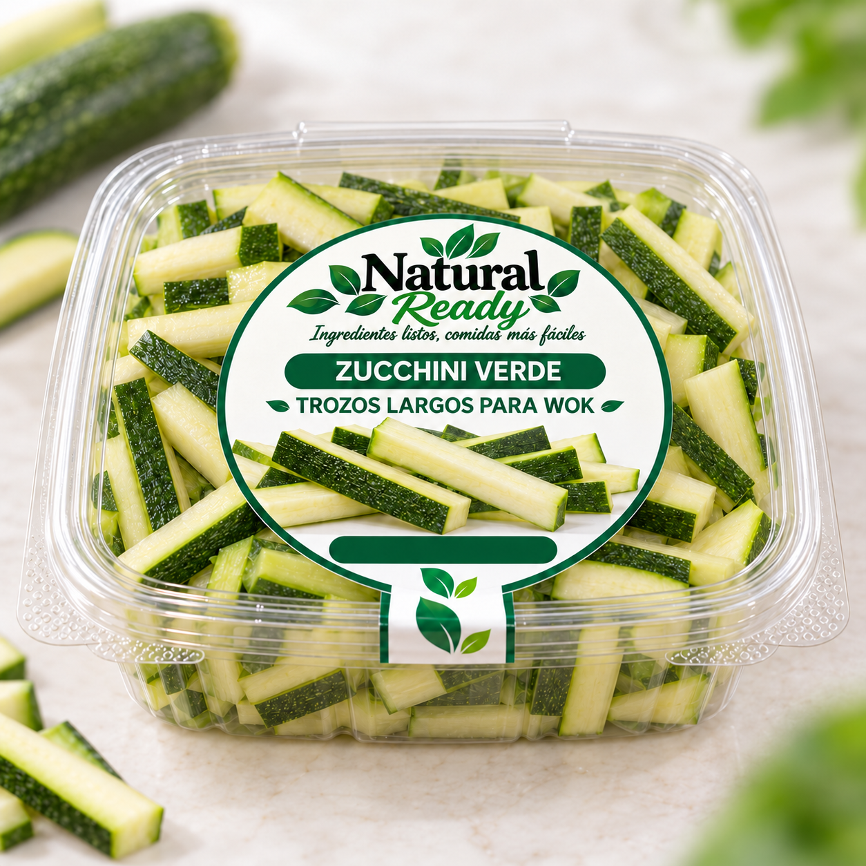 Zucchini verde en trozos largos para wok, presentación Natural Ready